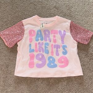 Girls Pink Sequin Sleeve Graphic Tee - "Party Like It's 1989"